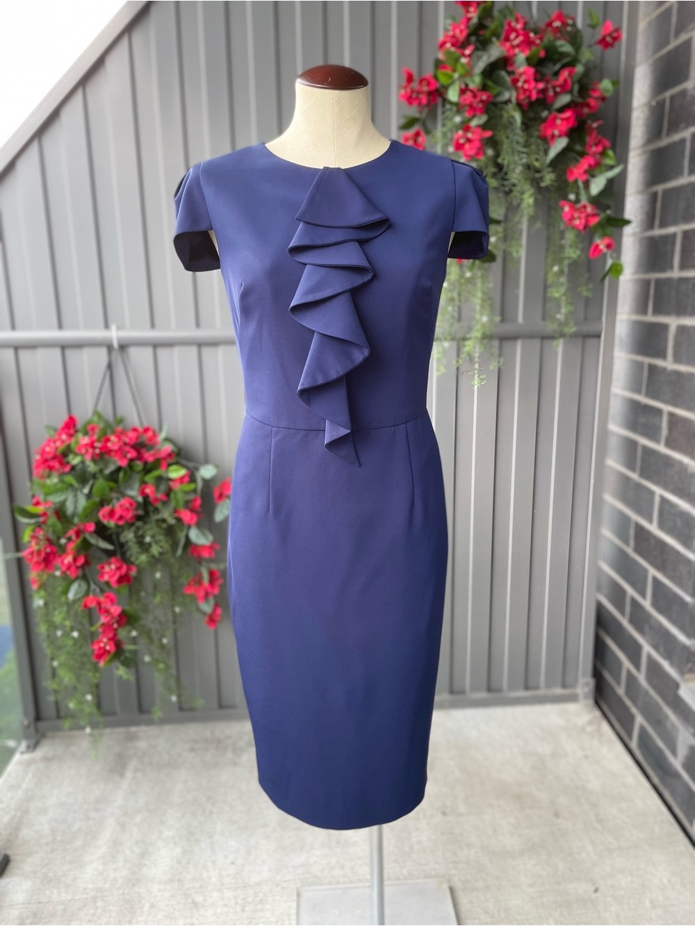 David Meister Navy Ruffle-Front Sheath Dress